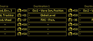 6 line modulation matrix with 2 destinations and scale.